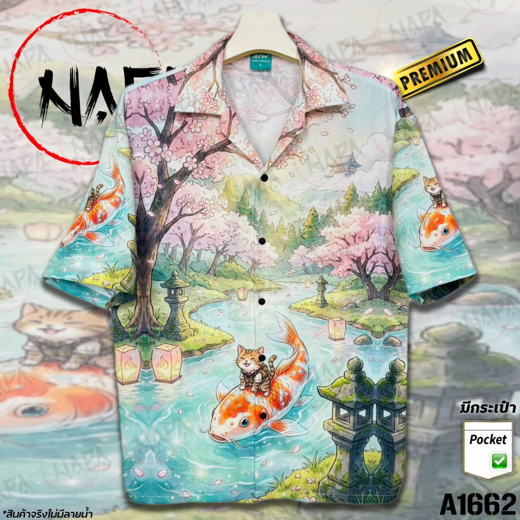เสื้อฮาวาย แมวขี่ปลาคาร์ฟ A1662 ผ้าไหมอิตาลีแท้