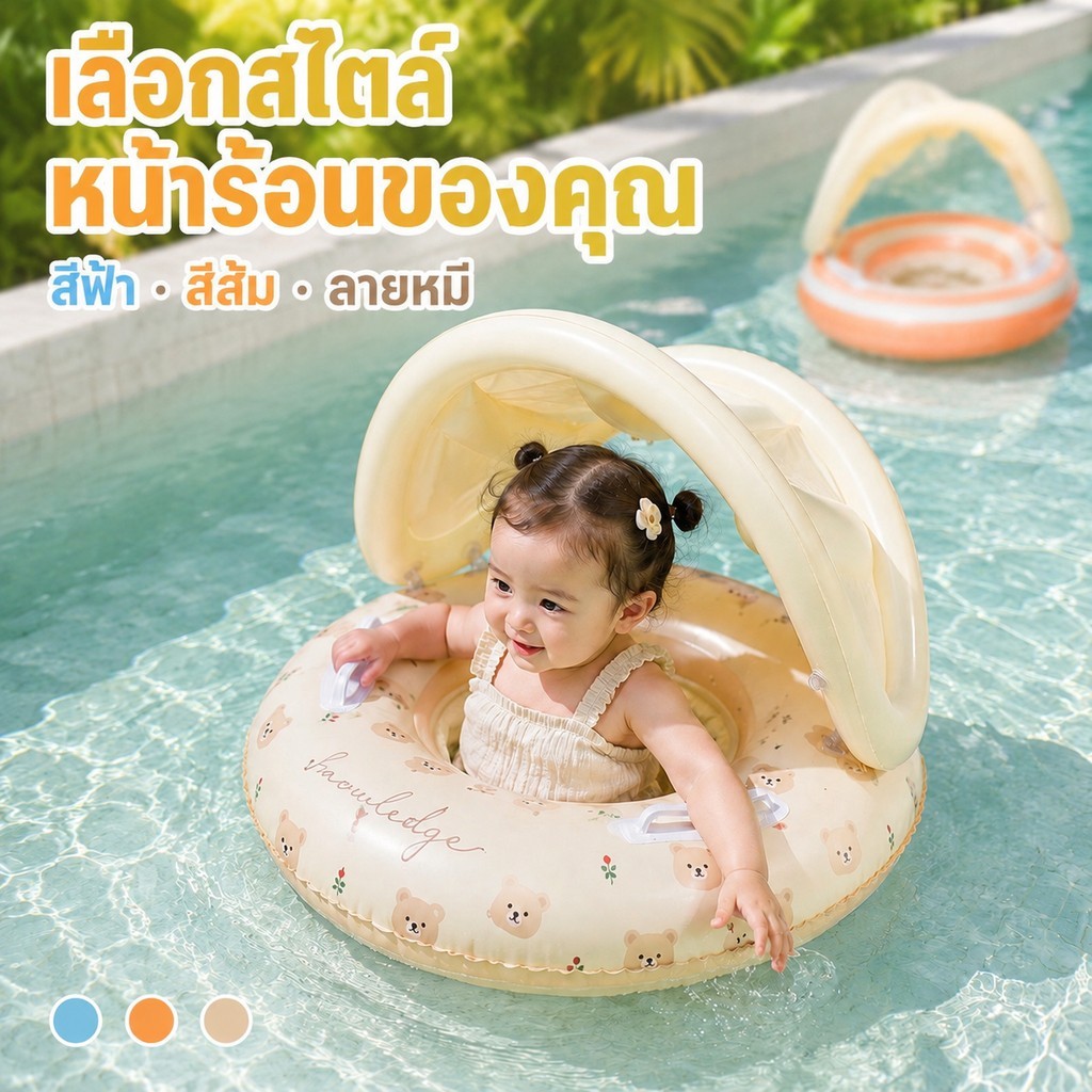 ส่งใน24ชม ห่วงยางว่ายน้ำทารก แบบนั่งได้ มีหลังคากันแดด UPF50+ กันล้ม ปลอดภัย มือจับจับถนัด ใช้ได้ทั้งสระและทะเล