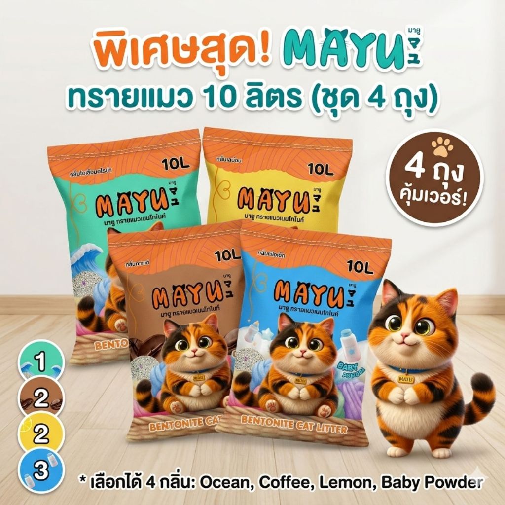 ใหม่ ทรายมายู 40 ลิตร เบนโทไนท์ ฝุ่นน้อย กลิ่นหอม
