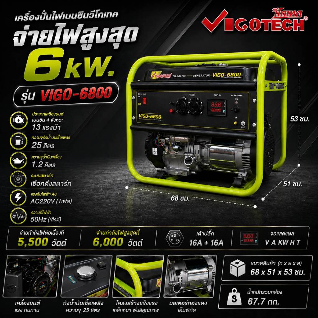 เครื่องปั่นไฟเบนซิน 6KW วีโกเทค