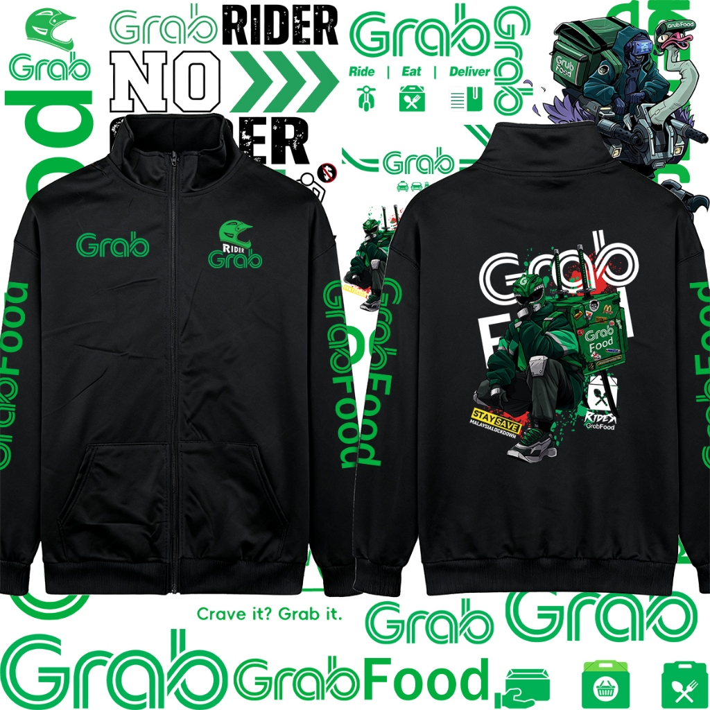 (COD)Grab Food themed jacket เสื้อผ้าผู้ชาย ยืนคอ คาร์ดิแกน and zip-up hoodie เสื้อโค้ท Grab เสื้อ M-3XL ป้องกันแสงแดด