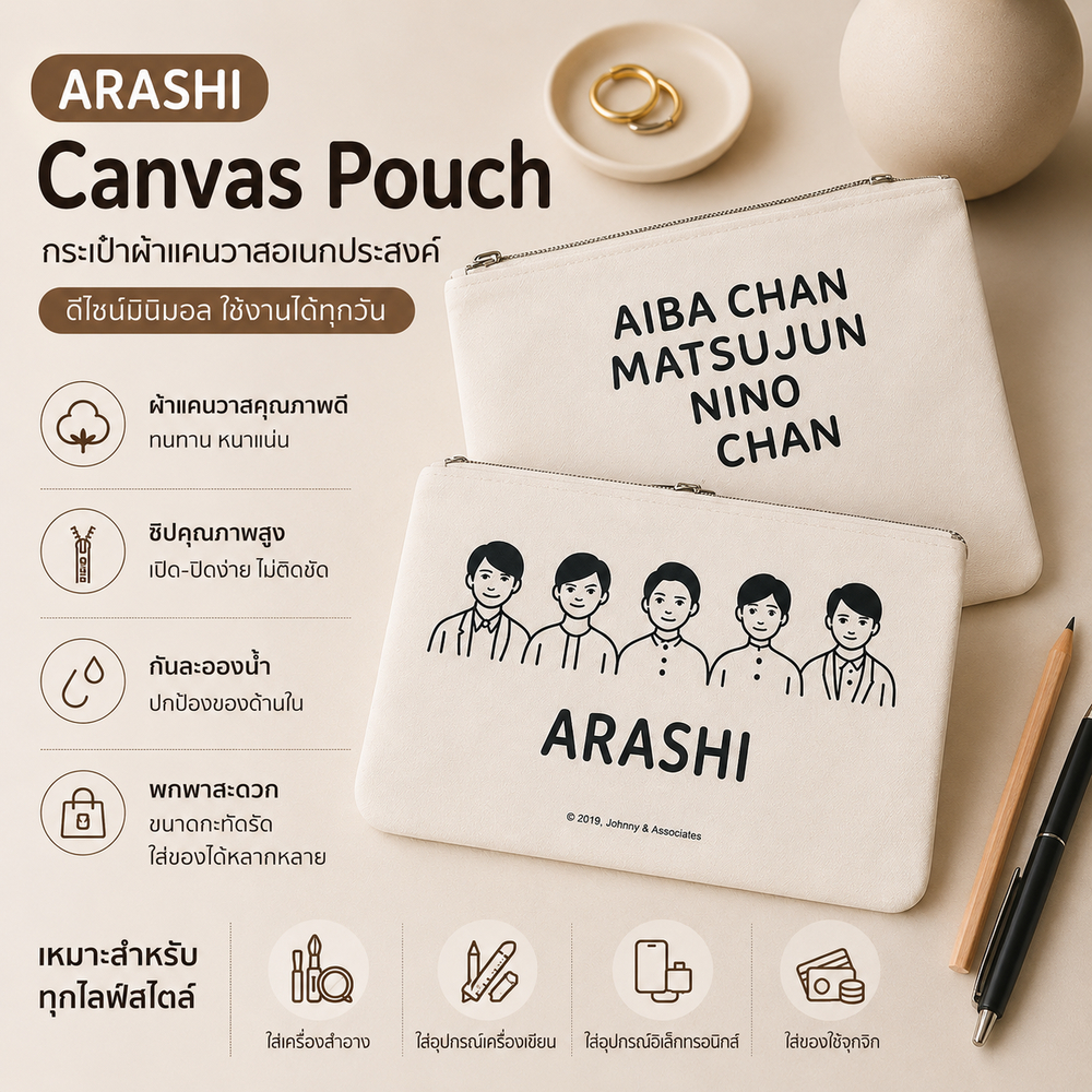 D401 กระเป๋าผ้า ARASHI กระเป๋าใส่ของ กระเป๋าอเนกประสงค์ ผ้าแคนวาส มีซิป จากญี่ปุ่น