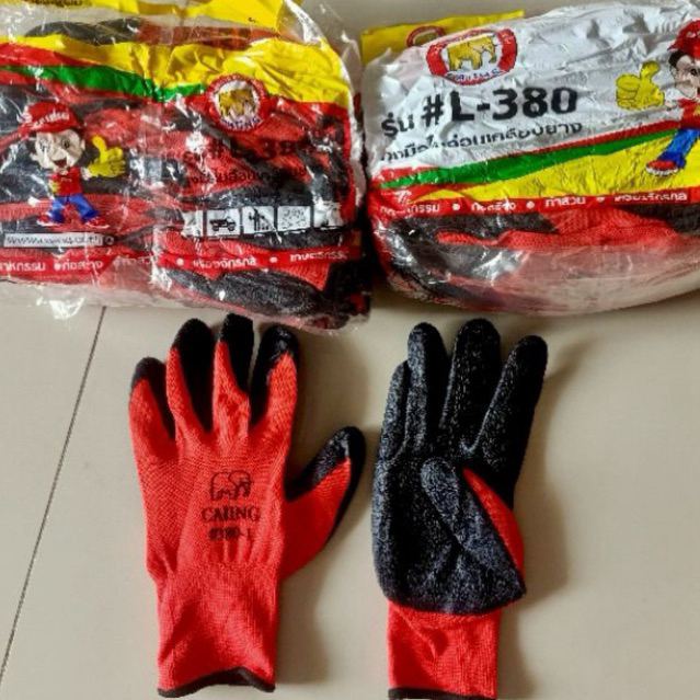 ถุงมือเคลือบยาง380 Gloves  แพคละ 12 คู่ ถุงมือพรวนดิน กันลื่น กันลื่น กันของมีคม งานทำสวนและช่าง