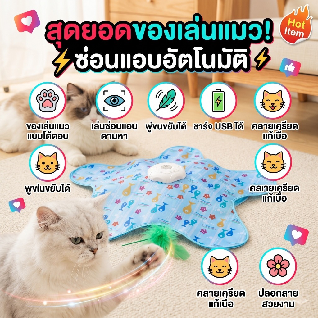 （ซื้อ 1 แถม 1）✨ ของเล่นแมวแก้เบื่อที่ดีที่สุด! เครื่องเล่นแมวอัตโนมัติ ซ่อนแอบขนนก+เสียงหนู มีเซนเซอร์สัมผัส ชาร์จไว ⚡