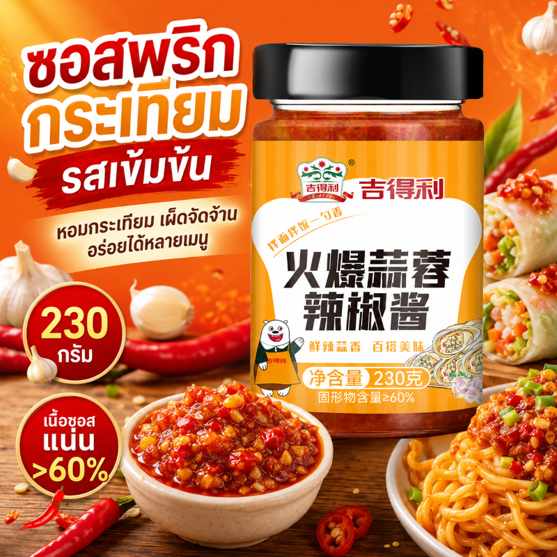 Gidley ซอสพริกกระเทียมรสเข้มข้น 230 กรัม เนื้อซอสแน่น ≥60% หอมกระเทียม เผ็ดจัดจ้าน สำหรับคลุกเส้น จิ้มอาหาร และปรุงได้หล
