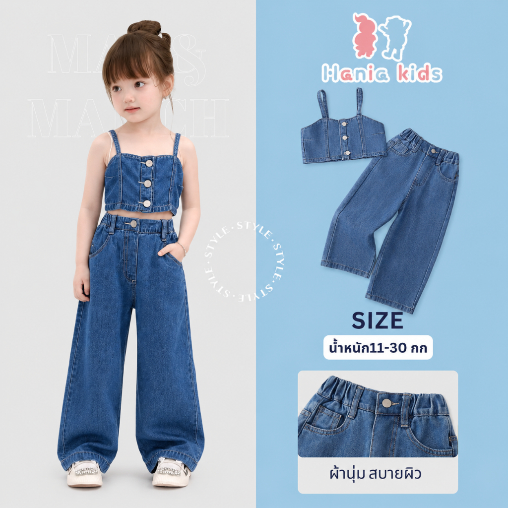 Hania kids พร้อมส่ง ชุดเซ็ตผ้ายีนส์เสื้อพร้อมกางเกง  ชุดเด็กผู้หญิงน่ารัก K2220471