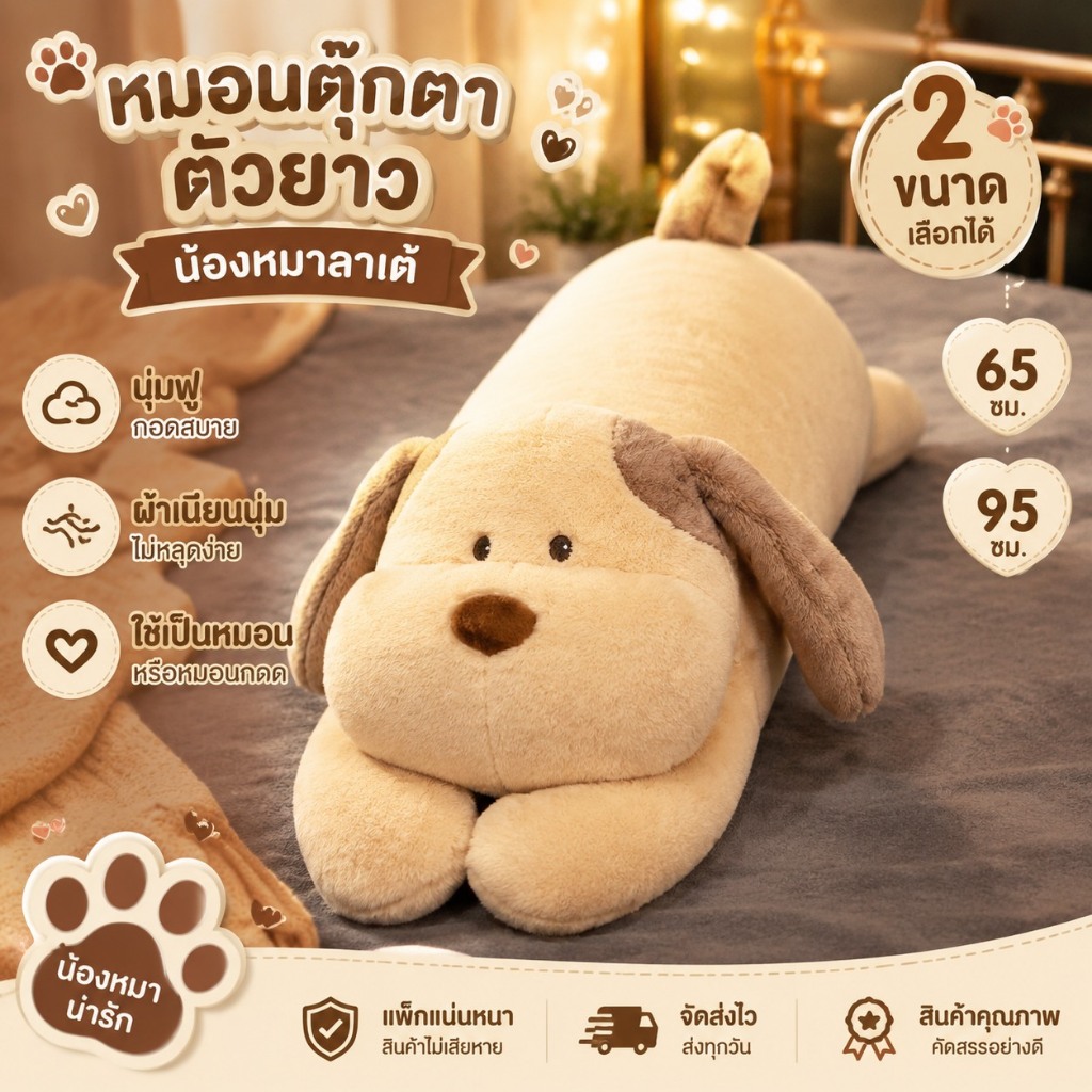 พร้้อมส่ง💥หมอนตุ๊กตาตัวยาว น้องหมาลาเต้ Latte The Dog 65/95CM การตกแต่งห้องนอน