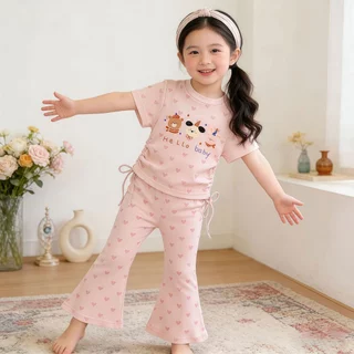Beryl kids🌸ชุดเชทเด็กผู้หญิง🎀เสื้อแขนสั้น + กางเกงขายาว ลําลอง2ชิ้น ไสตล์เกาหลี น่ารัก ทรงพอดีตัวพร้อมดีไซน์เอวจีบ