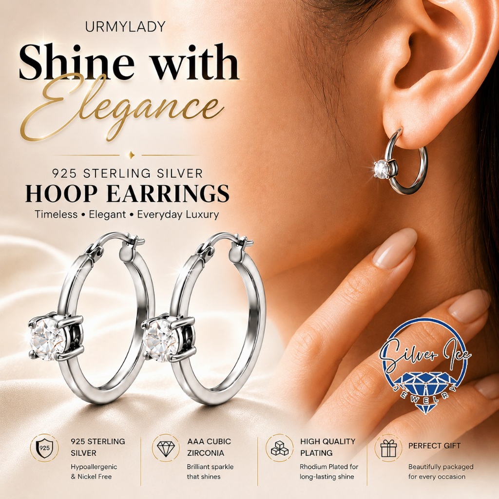 ต่างหูเงินแท้ 925 ต่างหูห่วง ประดับ CZ Classic Hoop Earrings น้ำหนักเบา ของขวัญผู้หญิง ใส่ได้ทุกโอกาส