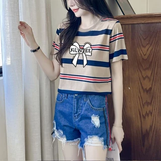 เสื้อครอปแขนสั้น oversize เสื้อผ้าสาวอวบน่ารักๆ เสื้อยืดลายทางผู้หญิงแฟชั่นฤดูร้อนใหม่ เรียบง่าย สีพิเศษ ลายทางสีสวย 3XL
