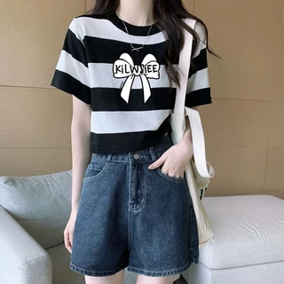 เสื้อครอปแขนสั้น oversize เสื้อผ้าสาวอวบน่ารักๆ เสื้อยืดลายทางผู้หญิงแฟชั่นฤดูร้อนใหม่ เรียบง่าย สีพิเศษ ลายทางสีสวย 3XL