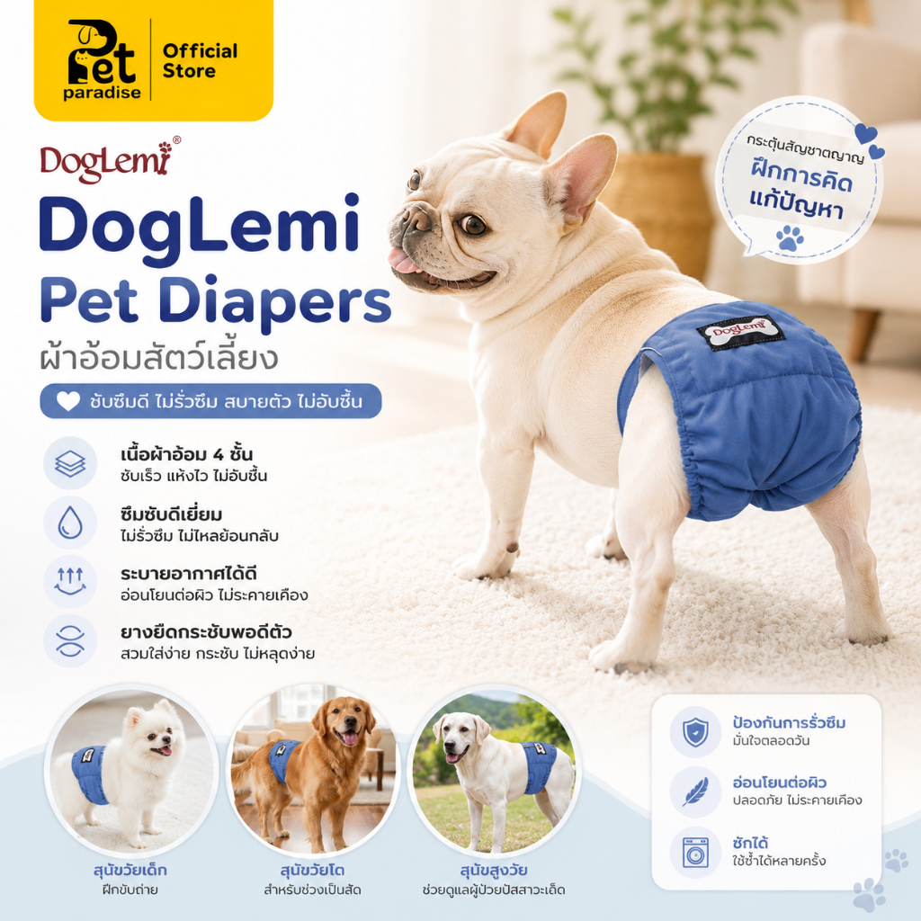 Doglemi ผ้าอ้อมสัตว์เลี้ยง รุ่นCD04 ใส่สบาย ซึมซับดี ไร้กลิ่นอับ ผ้า4ชั้น