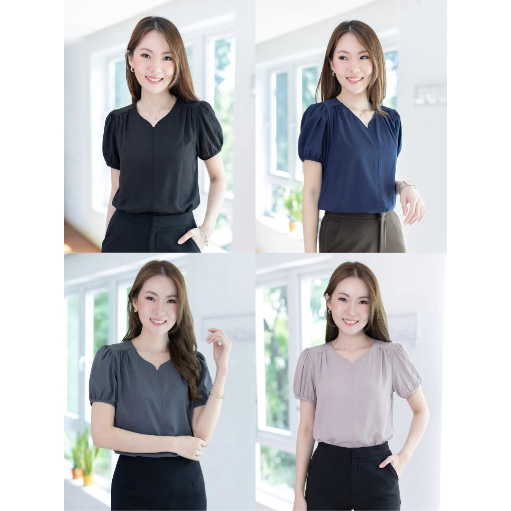 Narinari : MT4527 Notch Neck Puff Sleeve Blouse เสื้อทำงานผู้หญิง-สีพื้น