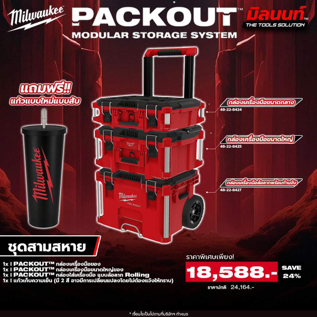 MILWAUKEE - กล่องเครื่องมือของ PACKOUT NEW ชุดสามสหาย แถม!! แก้วว