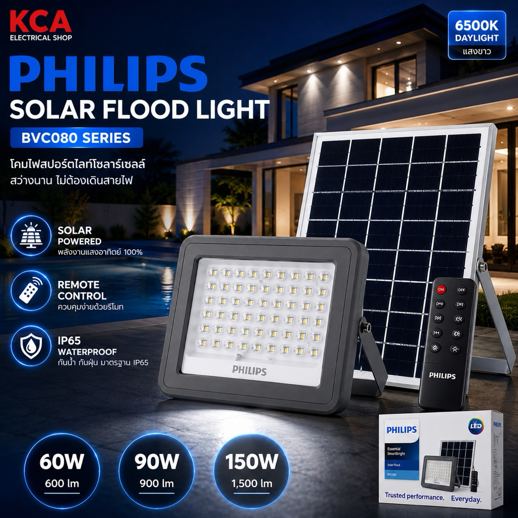 Philips Solar Flood Light BVC080 โคมไฟสปอร์ตไลท์โซลาร์เซลล์ พร้อมรีโมท IP65 รุ่น 60W / 90W / 150W