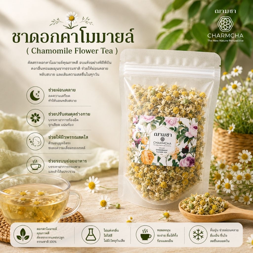 ชาคาโมมายล์ ( Chamomile Flower Tea ) บำรุงระบบย่อยอาหาร นอนหลับได้ดียิ่งขึ้น สารต้านอนุมูลอิสระ ชาดอกไม้ charmcha(ฌามชา)