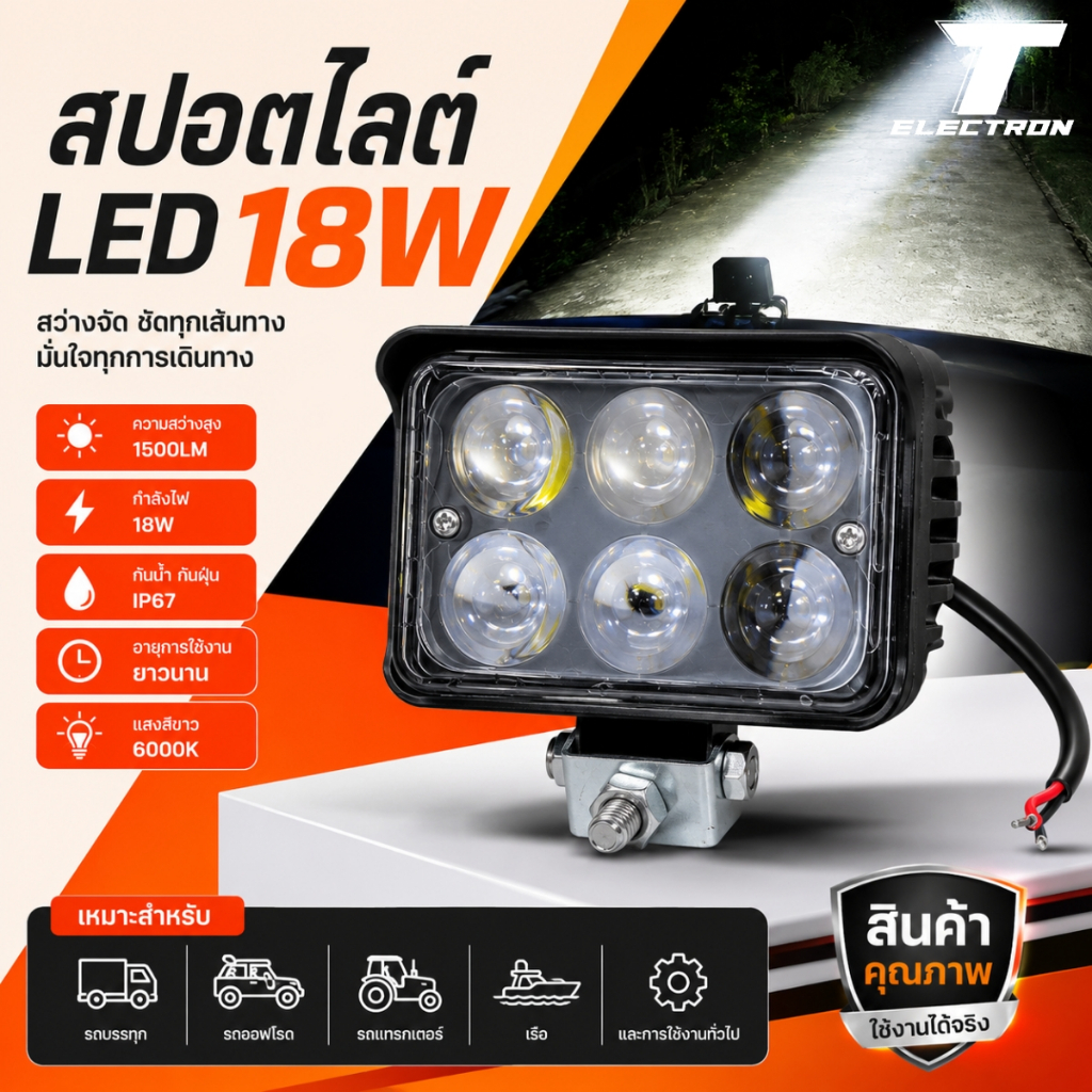ไฟสปอร์ตไลท์ LED 18W แสงขาว 6000K กันน้ำ1500LM 10-30V สำหรับรถยนต์ รถบรรทุก รถไถ เรือ