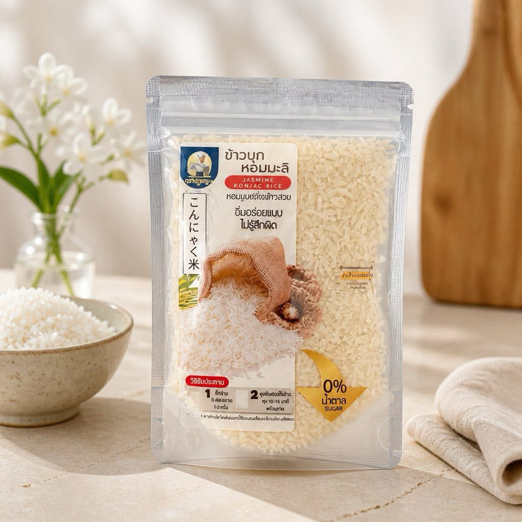 ข้าวบุกหอมมะลิ ขนาด 50 กรัม เหมือนข้าวหอมมะลิทึ่สุด แคลต่ำ คาร์บต่ำมาก พกพาสะดวก อร่อยง่ายๆเเค่เติมน้ำร้อนพร้อมทานได้เลย