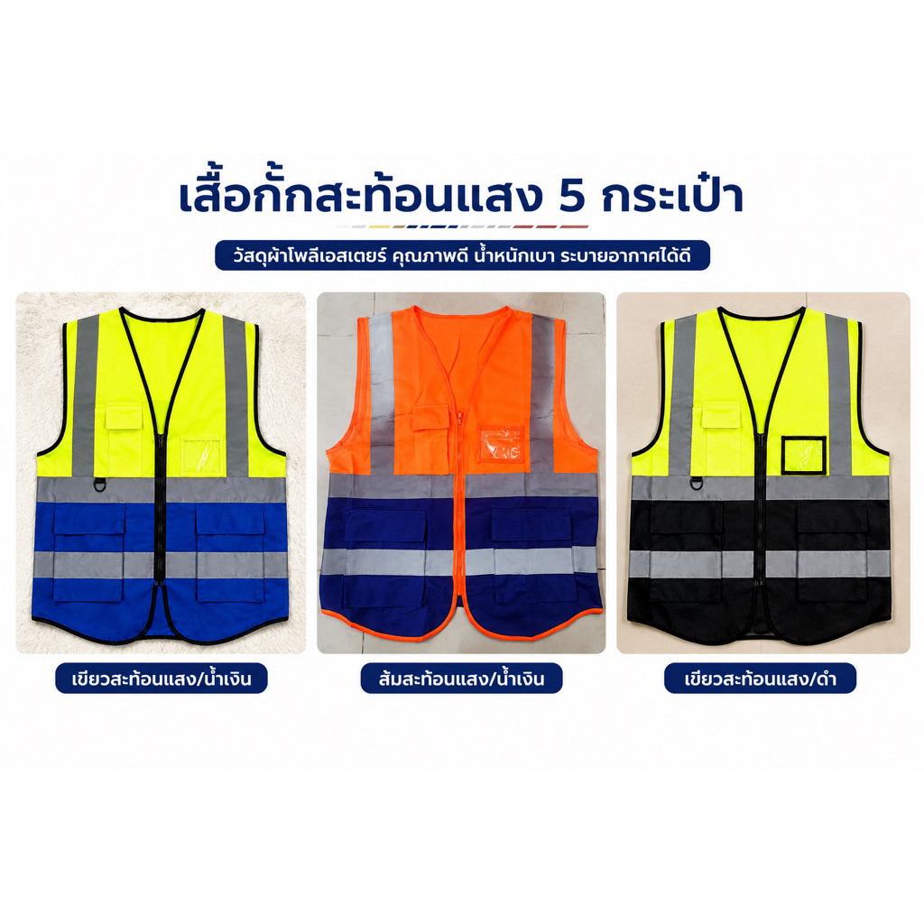 (5กระเป๋า) เสื้อกั๊กสะท้อนแสงมีกระเป๋า พร้อมส่ง S M L XL XXL 3XL 4XL โพลีเอสเตอร์ผสมฝ้าย (ออกใบกำกับภาษีได้)