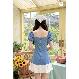(มี3XL) English Daisy Dress เดรสยีนส์งานปักอกเดซี่ แขนสั้นตุ๊กตา ตัดต่อลูกไม้ปลายกระโปรง ซิปหลัง มีซับใน