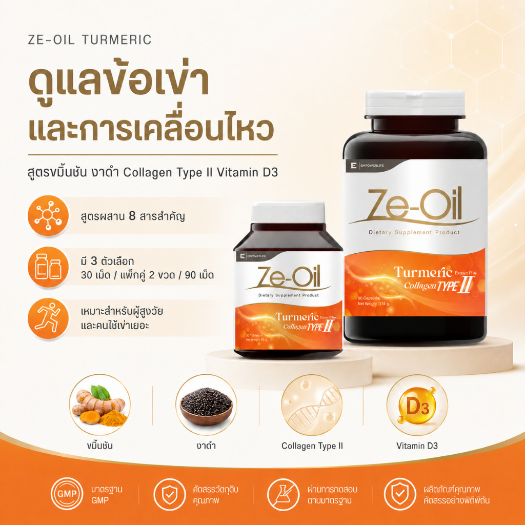 ZE-OIL TURMERIC อาหารเสริมดูแลข้อเข่าและการเคลื่อนไหว สูตรขมิ้นชัน งาดำ Collagen Type II Vitamin D3