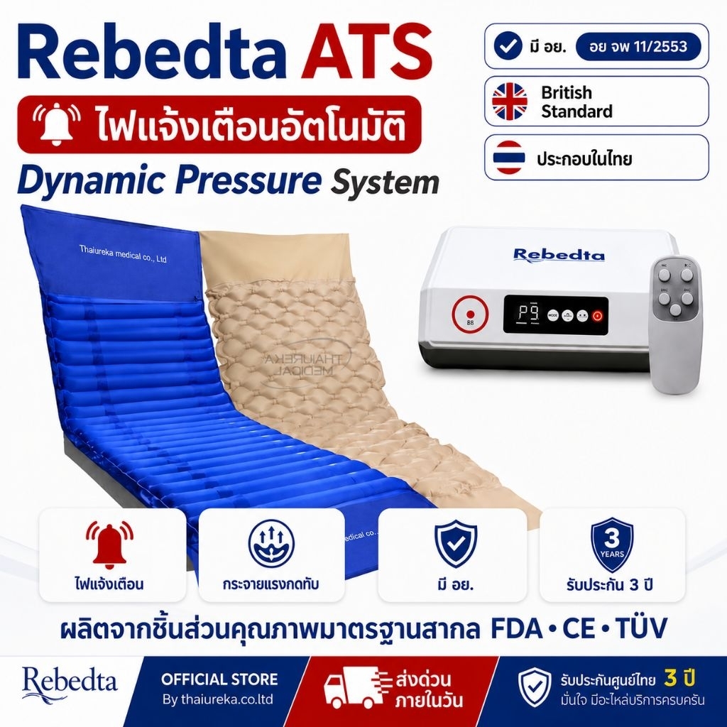 ศูนย์ไทย มี อย มาตรฐานไตหวัน Rebedta ATS ที่นอนลมป้องกันแผลกดทับ คนป่วยผ่าตัดสะโพกแผลเปิด Low Pressure Alarm เตือนลมอ่อน