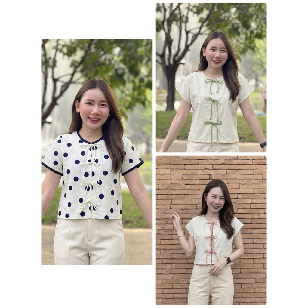 เสื้อผ้าฝ้ายคอกลมผูกเชือกกระดุมโบว์ด้านหน้า