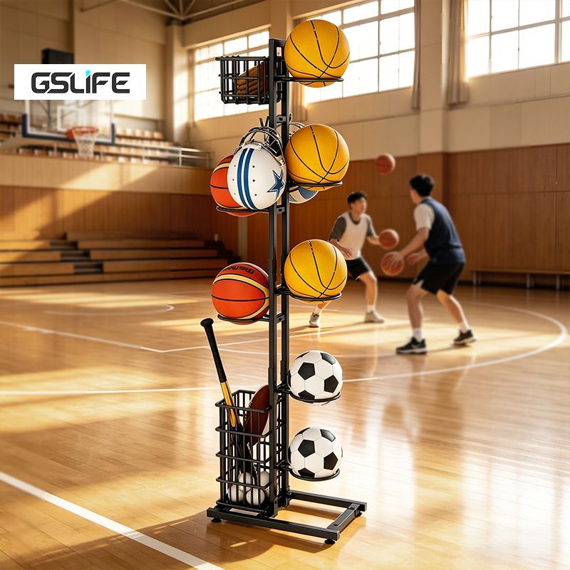 GSlife ชั้นวางจัดระเบียบลูกบอล พร้อมตะขอและตะกร้าเสริม สำหรับจัดเก็บอุปกรณ์กีฬา ทั้งในยิมและที่บ้าน