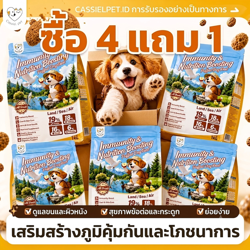 【ซื้อ 4 แถม 1】อาหารเม็ดสุนัข CASSIELPET เนื้อนกเขาสด+แซลมอน 1kg เสริมภูมิคุ้มกัน ข้อต่อแข็งแรง