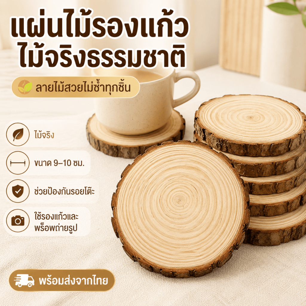 [WEIYI] แผ่นรองแก้วไม้ธรรมชาติ ที่รองแก้วไม้กลม 9-10 ซม. แผ่นไม้ตกแต่งโต๊ะ ถ่ายรูปสินค้า รองแก้วกาแฟ พร้อมส่งจากไทย