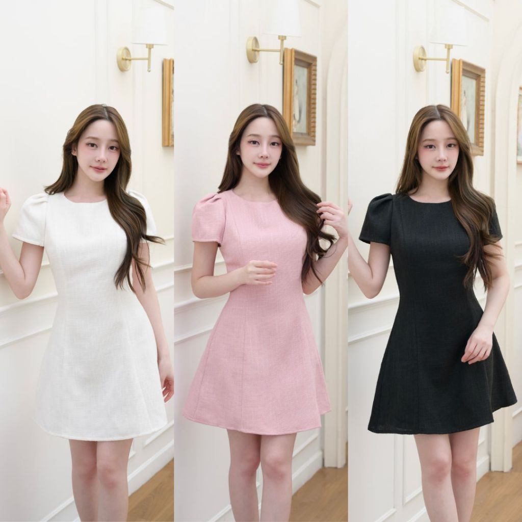 Pirunya - Tweed Dress 05 มินิเดรส เดรสสั้นผ้าทวีต คอกลม แขนพัฟ กระโปรงทรงเอ ลุคสุภาพ