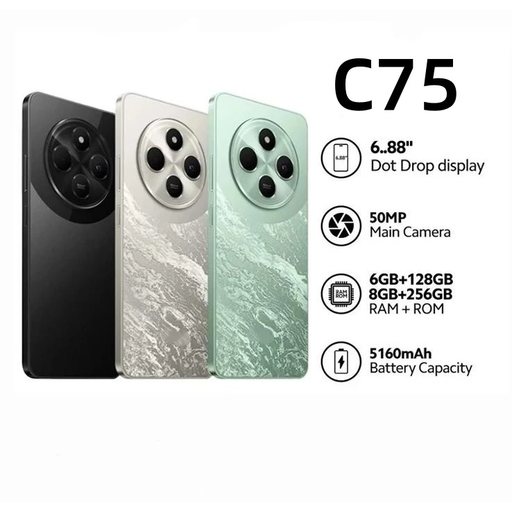 C75 โทรศัพท์มือถือ 8GB +256GB โทรศัพท์ MediaTek Helio G81-Ultra แบตเตอรี่ 5160mAh หน้าจอ 6.88" 120Hz