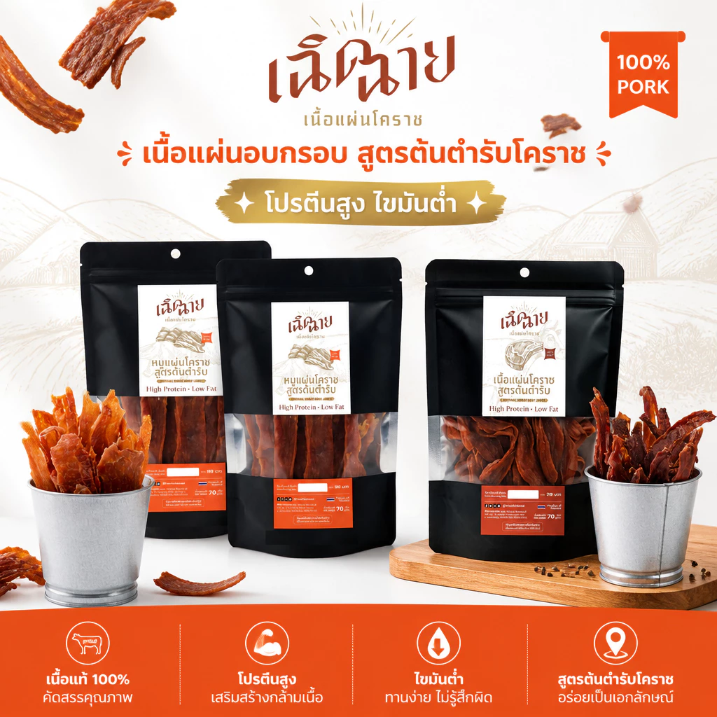 ซื้อคู่ หมู+เนื้อแผ่นโคราช อบพร้อมทาน ของกินเล่น เคี้ยวเพลิน โปรตีนสูง ของฝากโคราช thumbnail 7