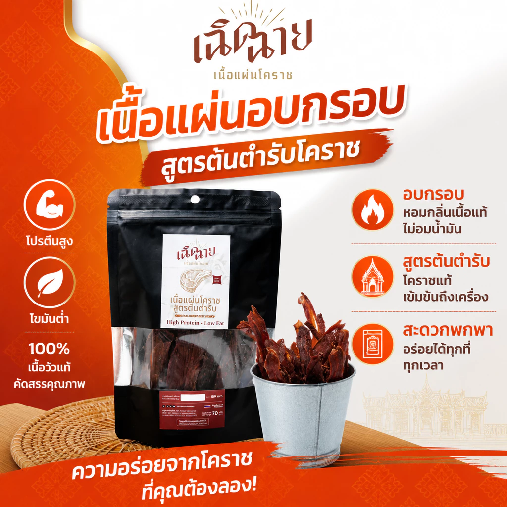 ซื้อคู่ หมู+เนื้อแผ่นโคราช อบพร้อมทาน ของกินเล่น เคี้ยวเพลิน โปรตีนสูง ของฝากโคราช thumbnail 4