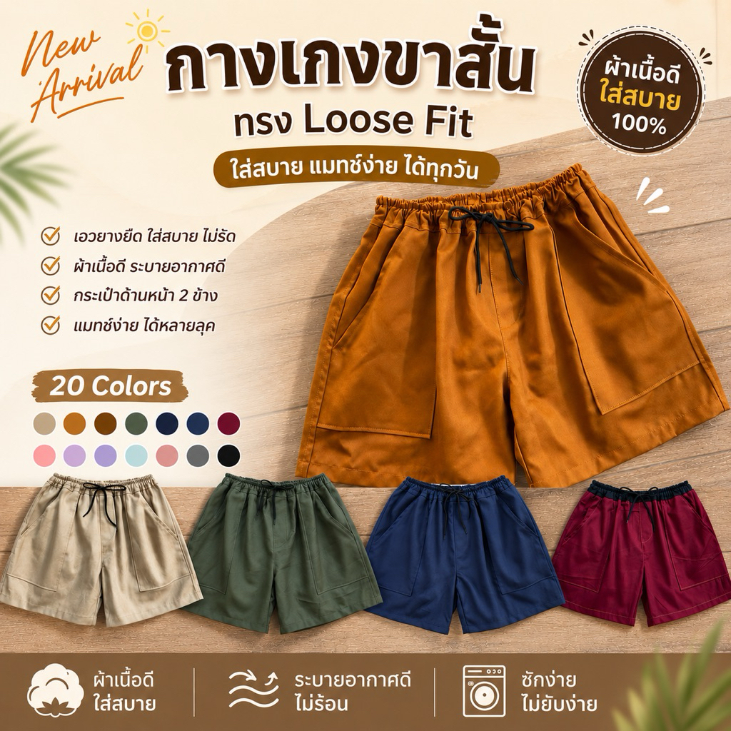 🐵 ขาสั้นผ้าสี ยีนส์ ทหาร ฟรีไซส์  เอวยางยืด 28 - 34 นิ้ว