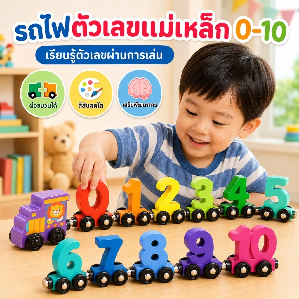 KiKi รถไฟแม่เหล็กตัวเลขไม้ 0-10 ของเล่นเด็กเสริมพัฒนาการ ฝึกนับเลข มอนเตสซอรี่ สีสันสดใส