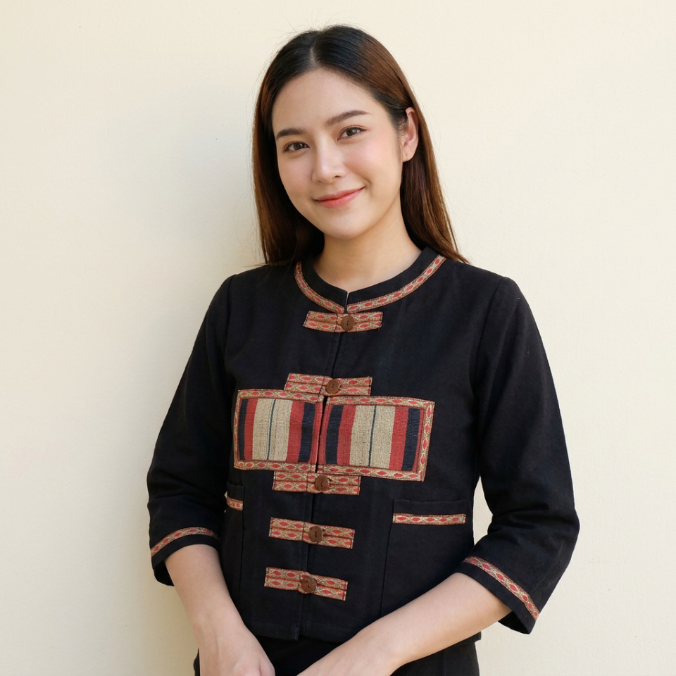 เสื้อผู้หญิงไทเขิน คอกลมแขนสามส่วน แต่งผ้าทอนากา เดินเทปลวดลายชาวไต มีกระเป่าสองข้าง ซ้าย ขวา มีขนาดรอบอกเสื้อถึง 44นิ้ว