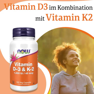 [แท้100%] NOW Vitamin D3 + K2 1,000 IU/45 mcg | วิตามินดี3 + เค2 | บำรุงกระดูก หัวใจ ภูมิคุ้มกัน | USA | 120 แคปซูล