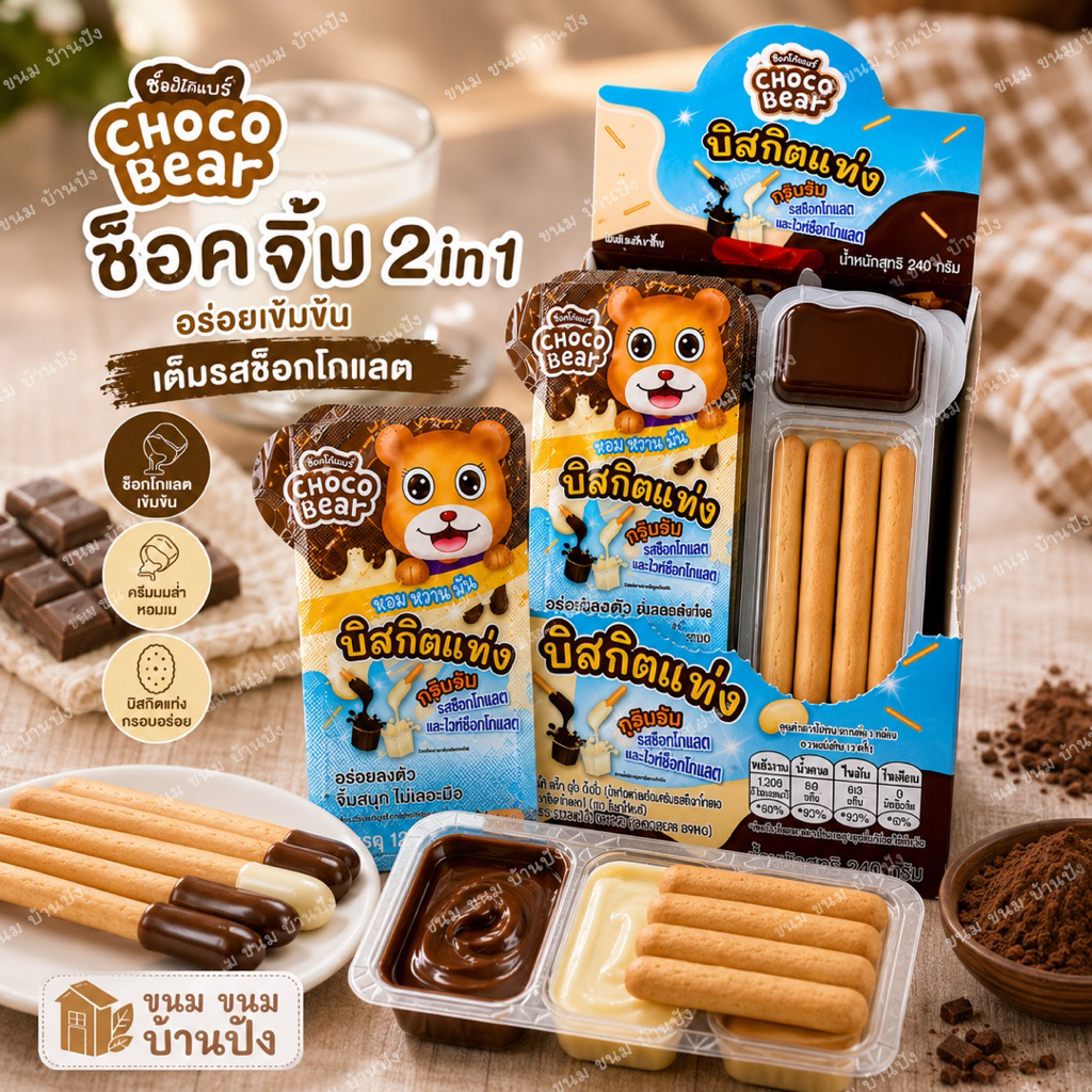 (1กล่อง) ช็อค จิ้ม บิสกิตแท่ง 2 in 1 ช๊อคและไวท์ช๊อค1กล่อง12ชิ้น