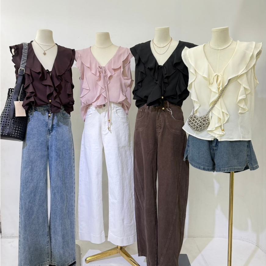 M2129 เสื้อแขนระบายแต่งระบายหน้า ดีเทลผูกโบว์สุดคิ้วท์