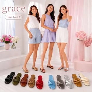 Grace รุ่นแมลงปอ ไซส์ 36-43 รองเท้าแตะส้นสูง 1 cm. ส้นแบน รองเท้าแฟลต แฟชั่น
