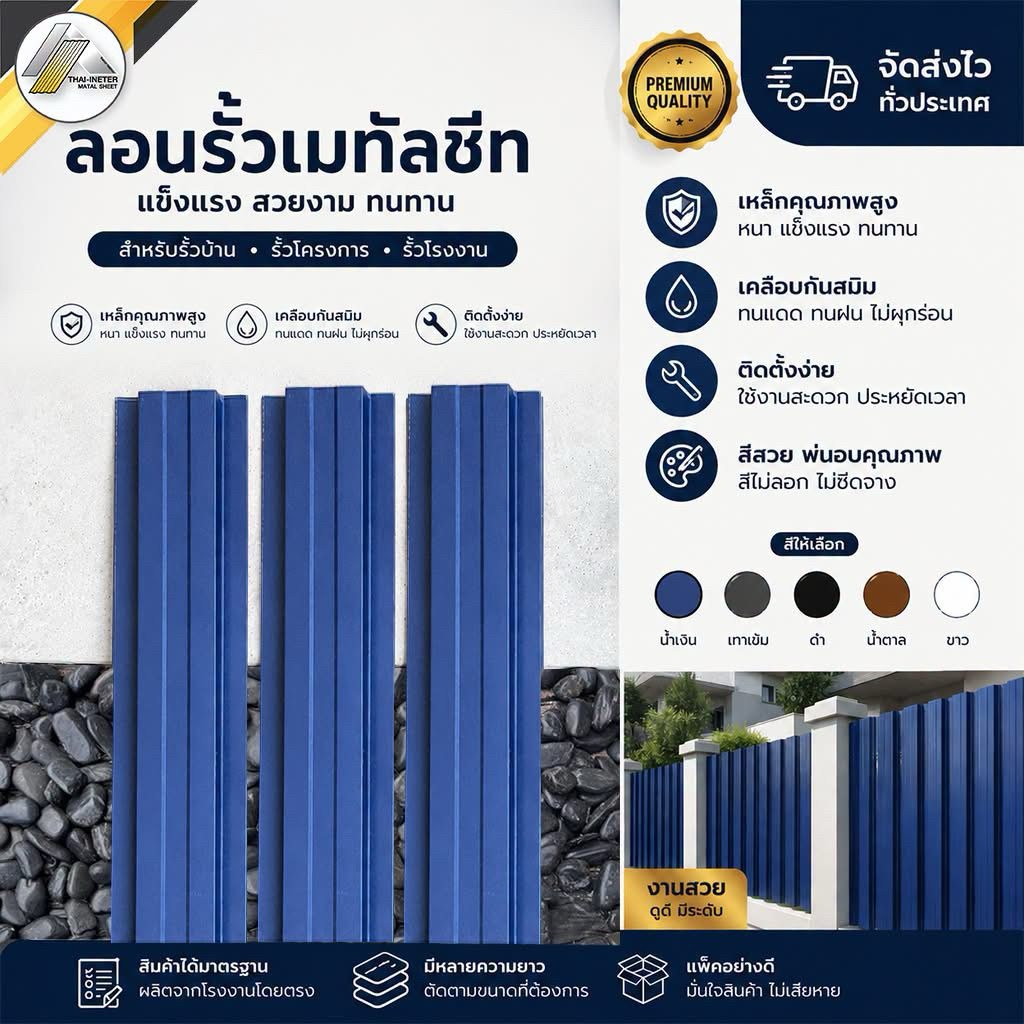 รั้วเมทัลชีท.สำหรับตกแต่งบ้านและสวน.ทนแดดทนฝน.ยาว50-200ซม