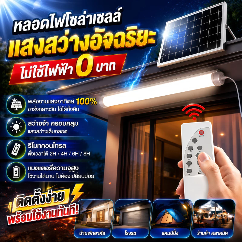 ไฟโซล่าเซลล์ 1000/1500W หลอดโซล่าเซล LED หลอดไฟนีออน กันน้ำกลางแจ้ง ป้องกันฟ้าผ่า เหมาะสำหรับสถานที่ต่างๆ