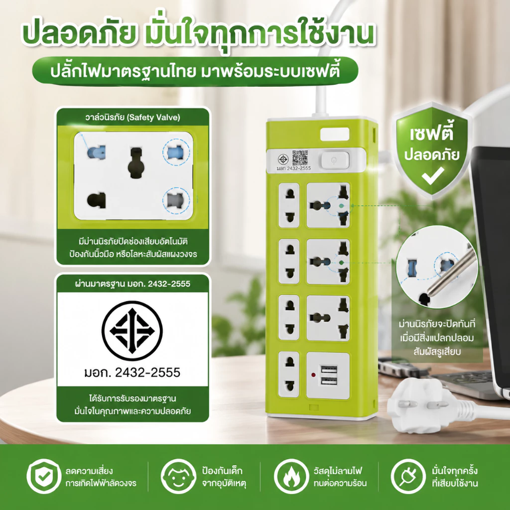 ปลั๊กไฟ 7 ช่อง 2300W มี USB สายยาว 3/5/8 เมตร thumbnail 6
