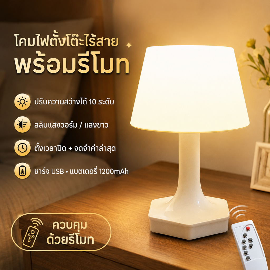 โคมไฟหัวเตียง โคมไฟ LED ไฟตั้งโต๊ะ ไร้สาย มีรีโมท ปรับแสงได้ หรี่แสงได้