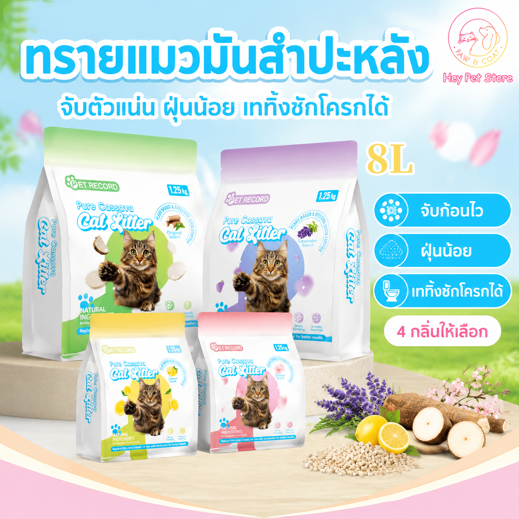 Cassava cat litter ออร์แกนิกทรายแมว ทำจากมันสำปะหลังธรรมชาติ ดับกลิ่นดีเยี่ยม 8L/1.25KG ก้อนแข็ง