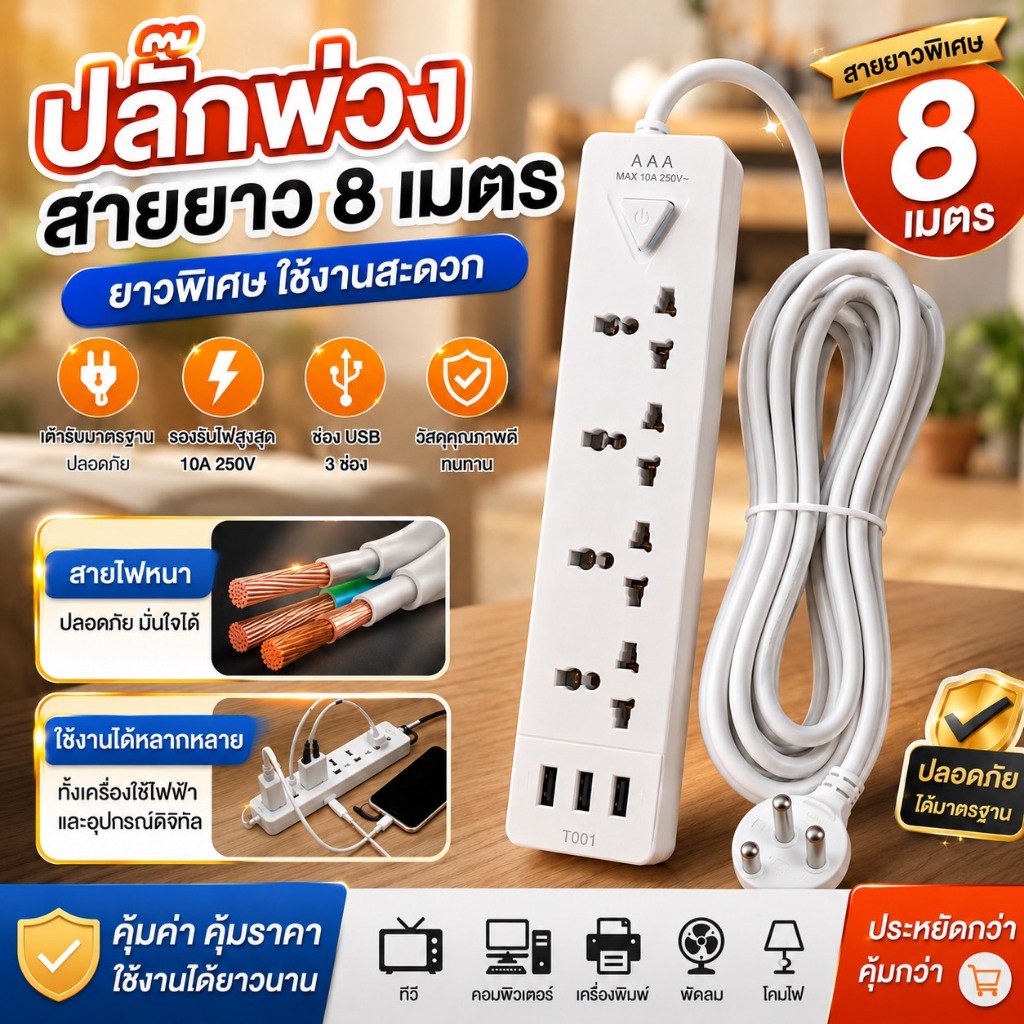 ปลั๊กพ่วง สายยาว 8 เมตร เต้ารับขนาด 4 ช่อง พร้อมช่อง USB 3 ช่อง มีสวิตซ์ในตัว คุณภาพได้มาตรฐาน
