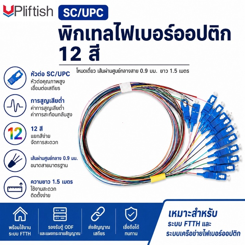 Upliftish สายไฟเบอร์ออปติก SC/UPC Pigtail 12 สี ขนาด 0.9 มม. Single Mode ความยาว 1.5 เมตร สำหรับ FTTH