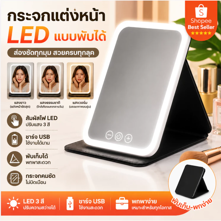 กระจกมีไฟ LED แสงไฟ3สี ชาร์จUSB กระจกแต่งหน้า ส่องหน้า แบบพกพา กระจก กระจกตั้งโต๊ะ กระจกตั้งโต๊ะ กระจก 18.5 * 14.5cm
