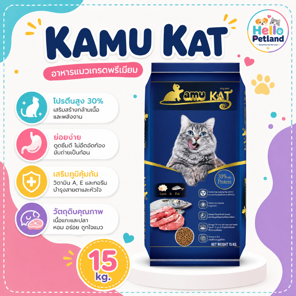 (15 กก.)อาหารแมวคามุแคท(Kamu Kat)   รสแกะ&ปลา ขนาด 15 กิโลกรัม